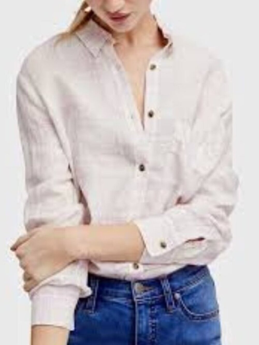 Free People No Limits 100% Linen Plaid Oversized Button Down Top Size Medium